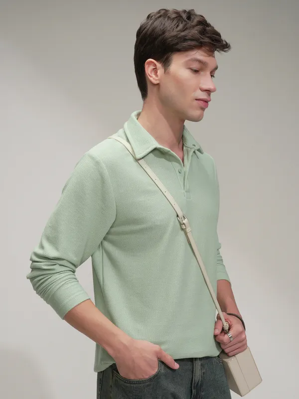 Highlander Men Green Self Design Polo Collar T-Shirt