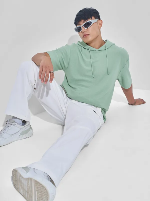 Highlander Men Green Self Design Hood Oversized Fit T-Shirt