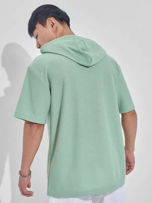 Highlander Men Green Self Design Hood Oversized Fit T-Shirt