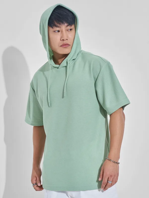 Highlander Men Green Self Design Hood Oversized Fit T-Shirt