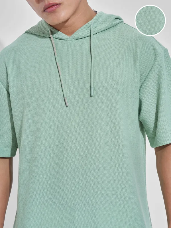 Highlander Men Green Self Design Hood Oversized Fit T-Shirt