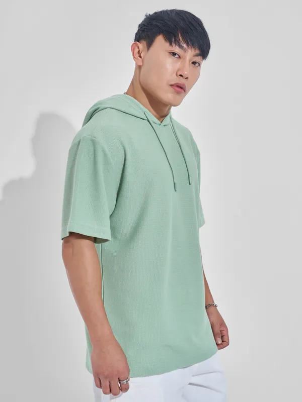 Highlander Men Green Self Design Hood Oversized Fit T-Shirt