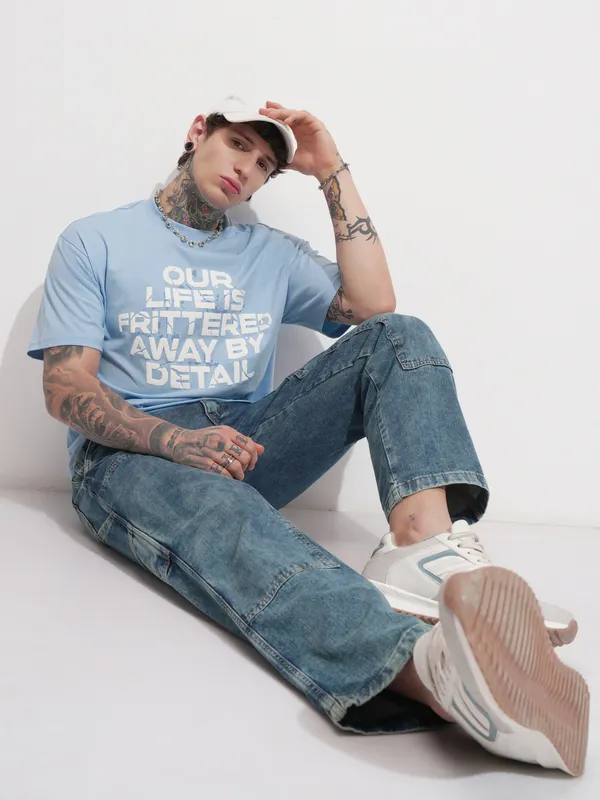 Highlander Men Blue Printed Round Neck T-Shirt