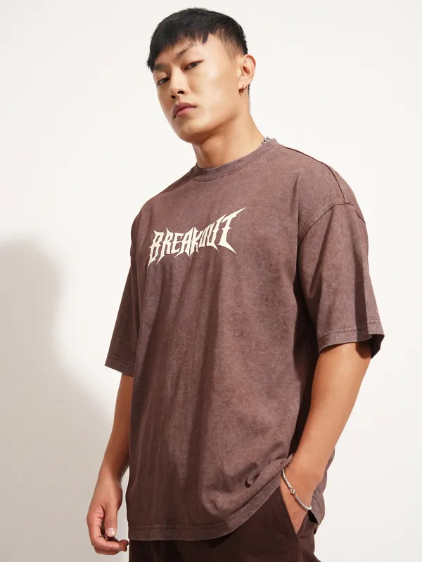 Highlander Men Brown Printed Round Neck Oversized Fit T-Shirt