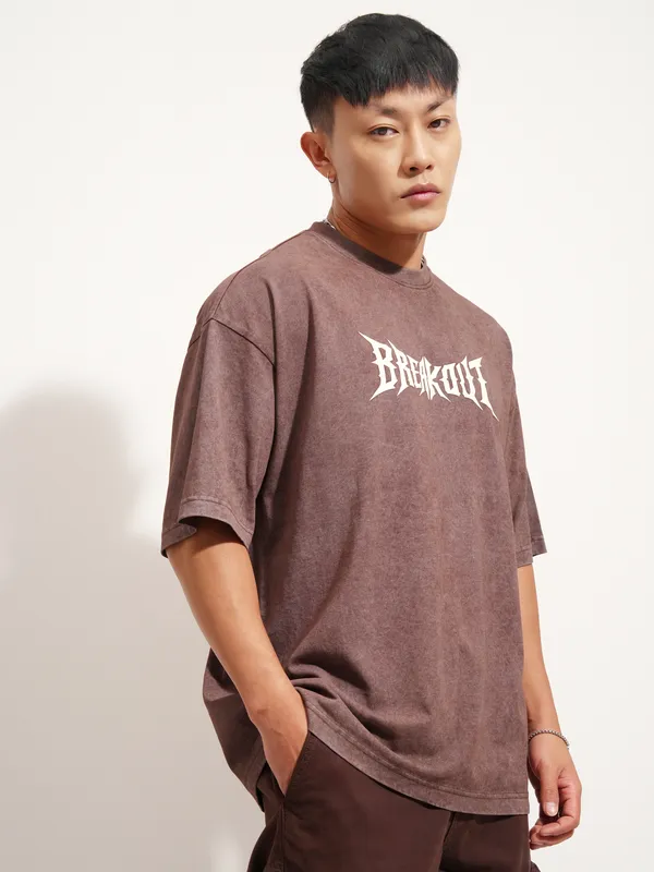 Highlander Men Brown Printed Round Neck Oversized Fit T-Shirt