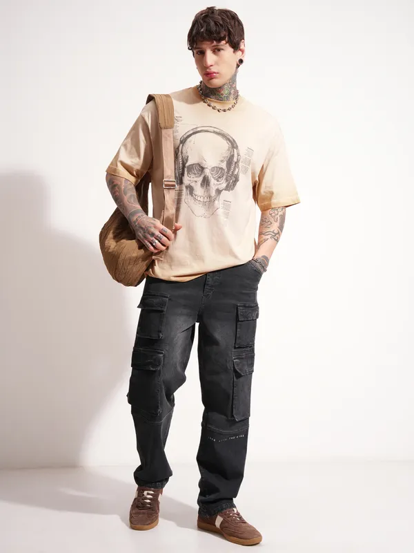 Highlander Men Brown Printed Round Neck Oversized Fit T-Shirt