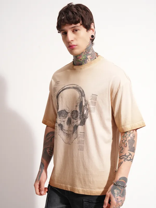 Highlander Men Brown Printed Round Neck Oversized Fit T-Shirt