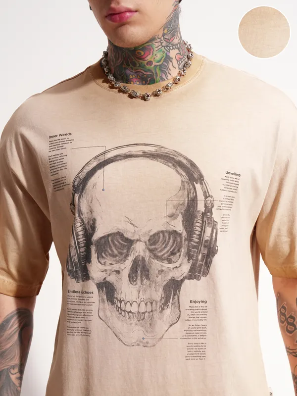 Highlander Men Brown Printed Round Neck Oversized Fit T-Shirt