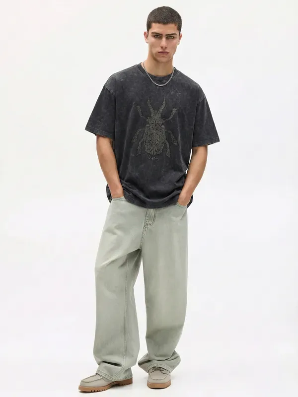 Highlander Men Black Embroidered Round Neck Oversized Fit T-Shirt