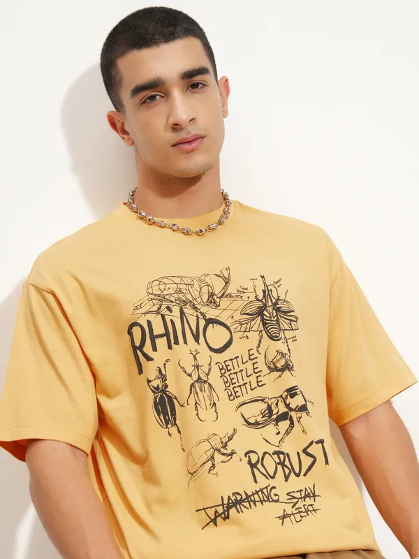 Highlander Men Yellow Printed Round Neck T-Shirt
