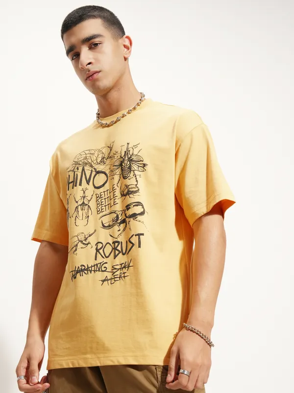 Highlander Men Yellow Printed Round Neck T-Shirt