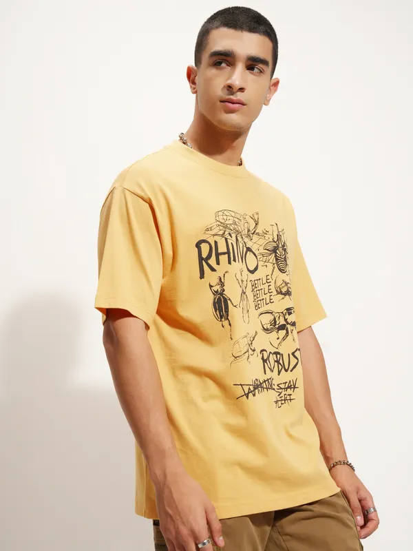 Highlander Men Yellow Printed Round Neck T-Shirt