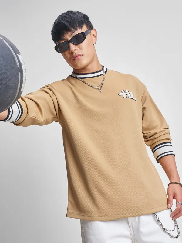 Highlander Men Beige Self Design Round Neck T-Shirt