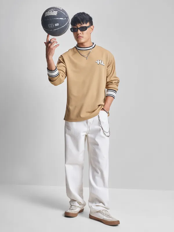 Highlander Men Beige Self Design Round Neck T-Shirt