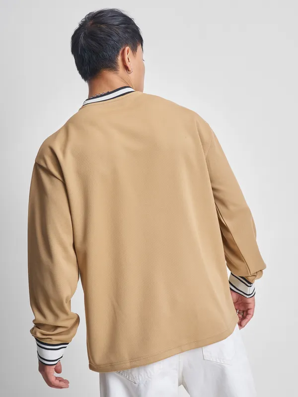 Highlander Men Beige Self Design Round Neck T-Shirt