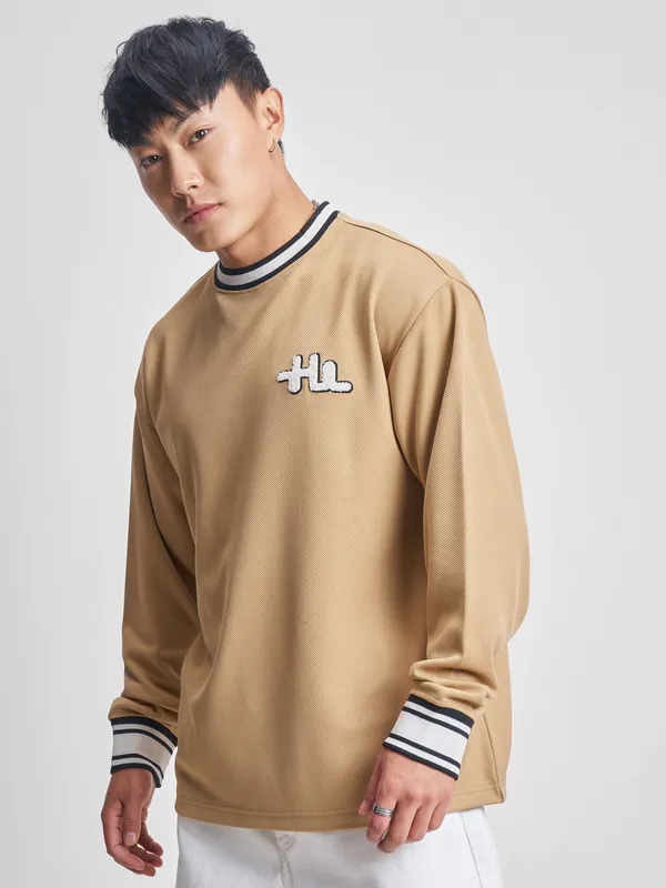 Highlander Men Beige Self Design Round Neck T-Shirt