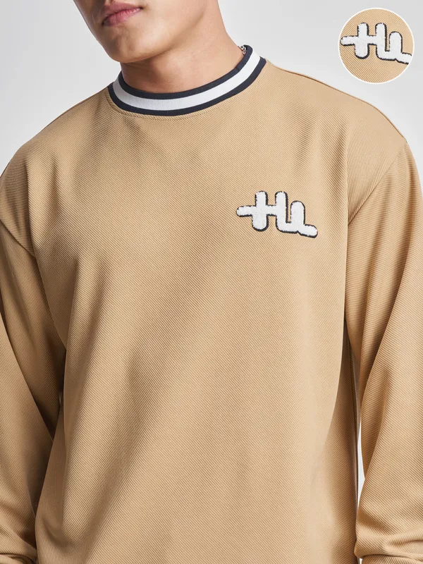 Highlander Men Beige Self Design Round Neck T-Shirt