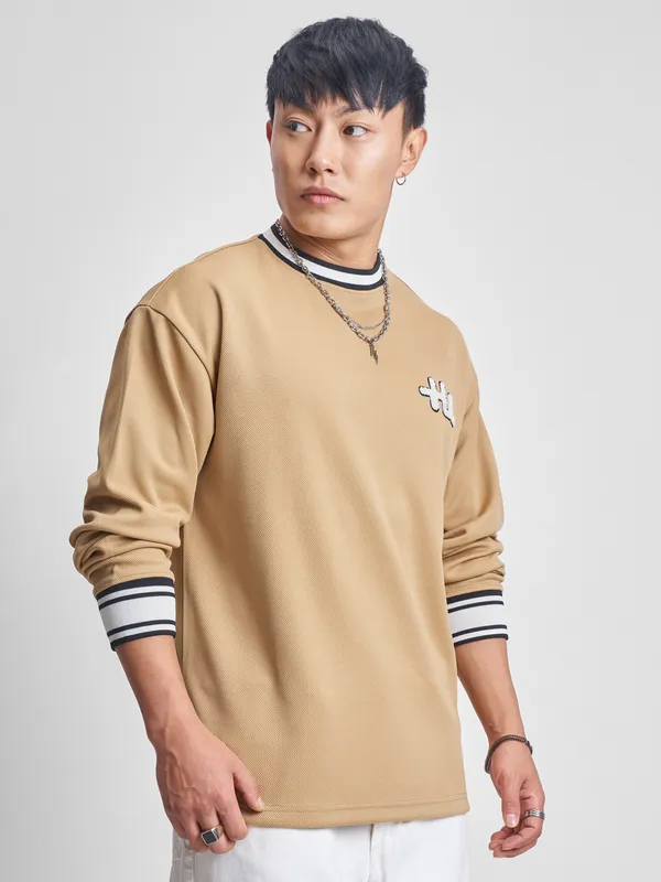 Highlander Men Beige Self Design Round Neck T-Shirt