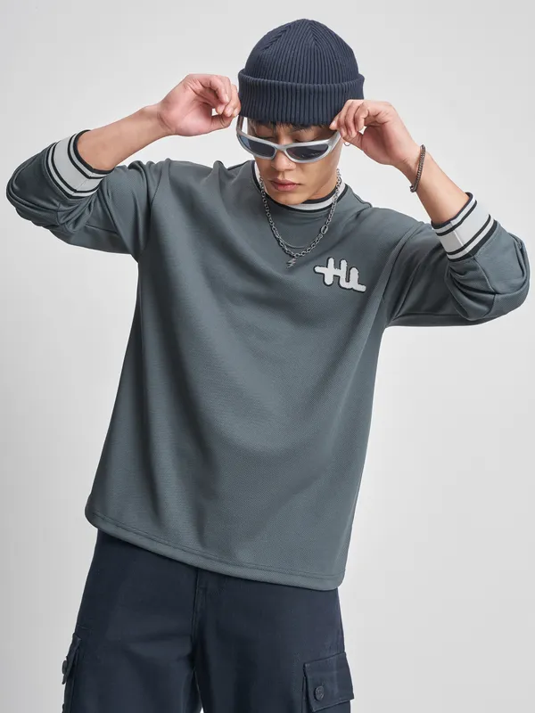 Highlander Men Grey Self Design Round Neck T-Shirt