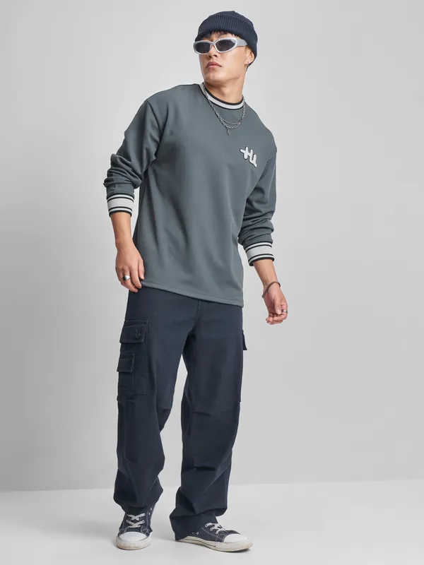 Highlander Men Grey Self Design Round Neck T-Shirt