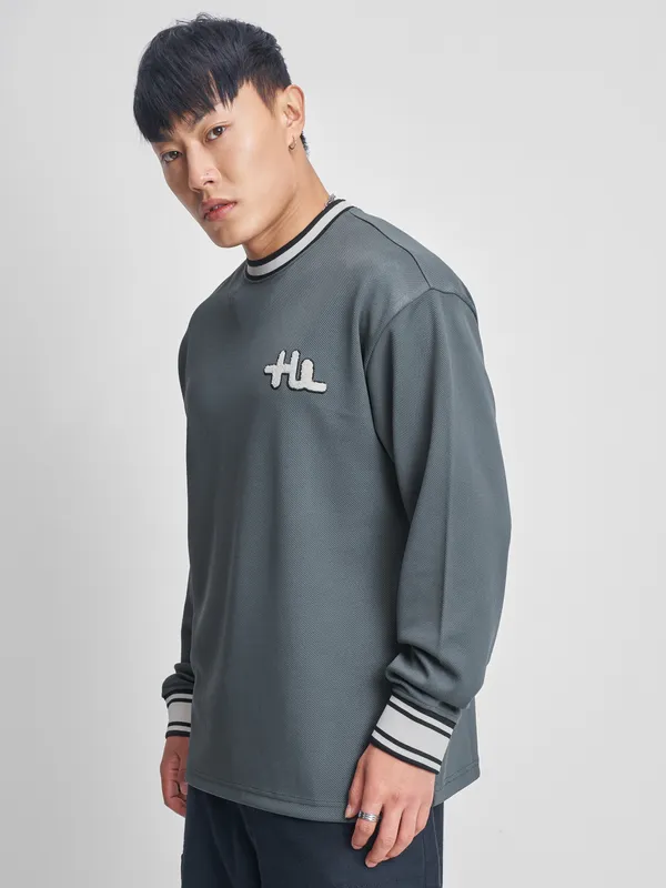 Highlander Men Grey Self Design Round Neck T-Shirt