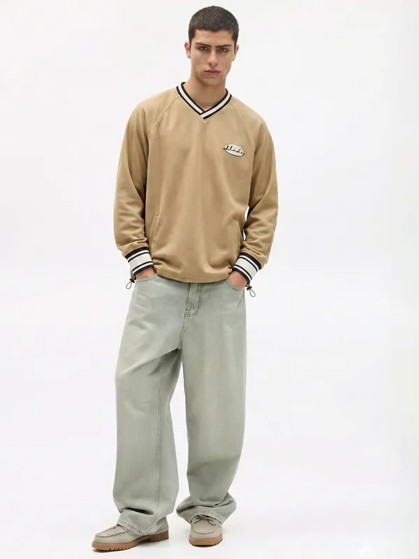 Highlander Men Beige Self Design V-Neck Oversized Fit T-Shirt