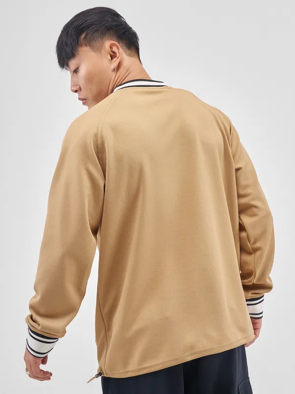 Highlander Men Beige Self Design V-Neck Oversized Fit T-Shirt