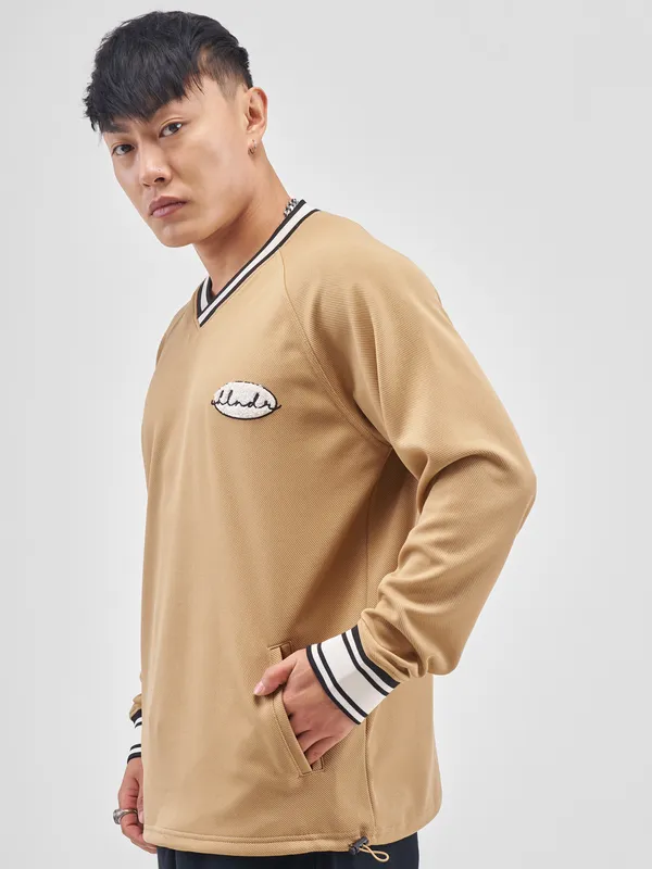 Highlander Men Beige Self Design V-Neck Oversized Fit T-Shirt