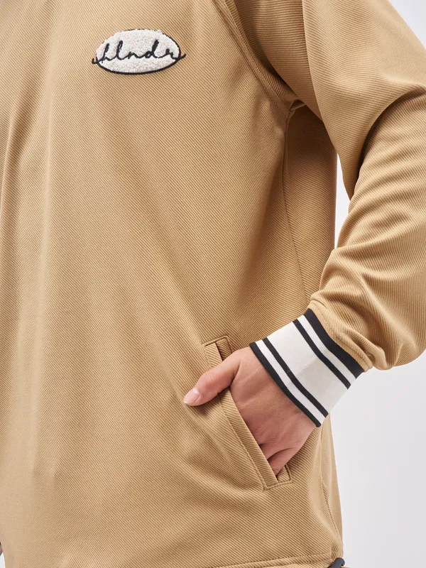 Highlander Men Beige Self Design V-Neck Oversized Fit T-Shirt