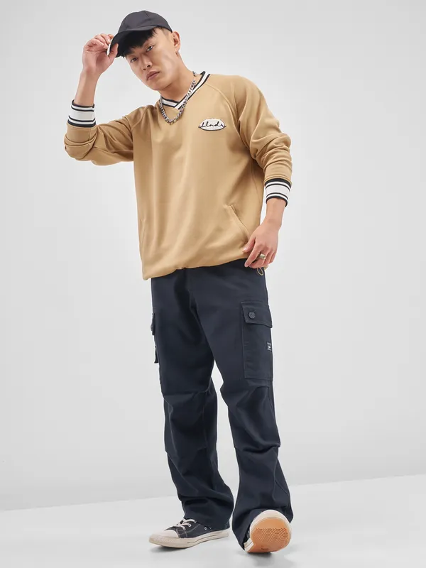 Highlander Men Beige Self Design V-Neck Oversized Fit T-Shirt