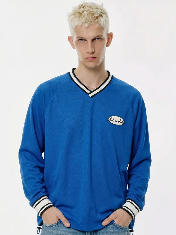 Highlander Men Blue Self Design V-Neck Oversized Fit T-Shirt