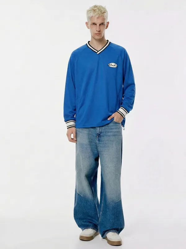 Highlander Men Blue Self Design V-Neck Oversized Fit T-Shirt