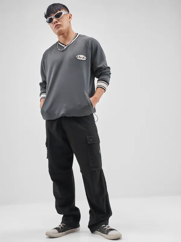 Highlander Men Grey Self Design V-Neck Oversized Fit T-Shirt