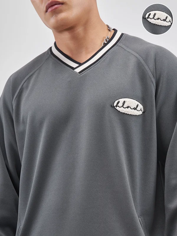 Highlander Men Grey Self Design V-Neck Oversized Fit T-Shirt