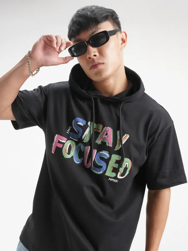 Highlander Men Black Printed Hood T-Shirt