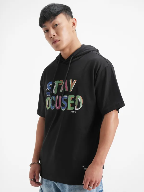 Highlander Men Black Printed Hood T-Shirt