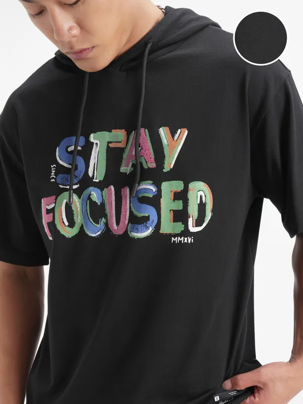 Highlander Men Black Printed Hood T-Shirt