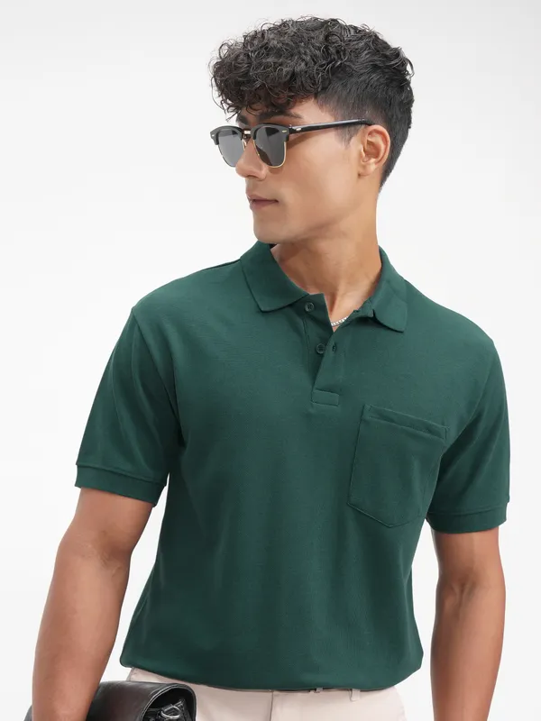 Highlander Men Teal Solid Polo Collar T-Shirt