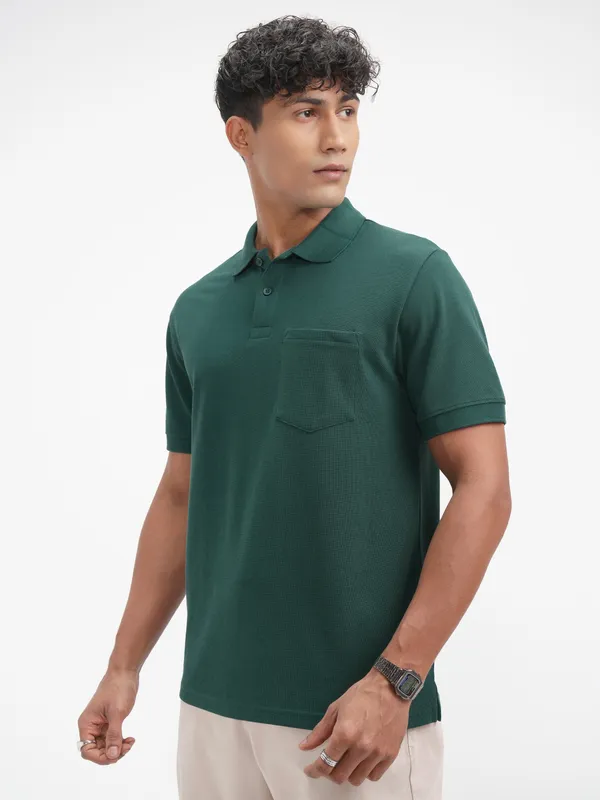 Highlander Men Teal Solid Polo Collar T-Shirt