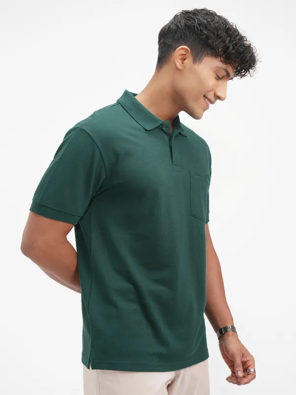 Highlander Men Teal Solid Polo Collar T-Shirt