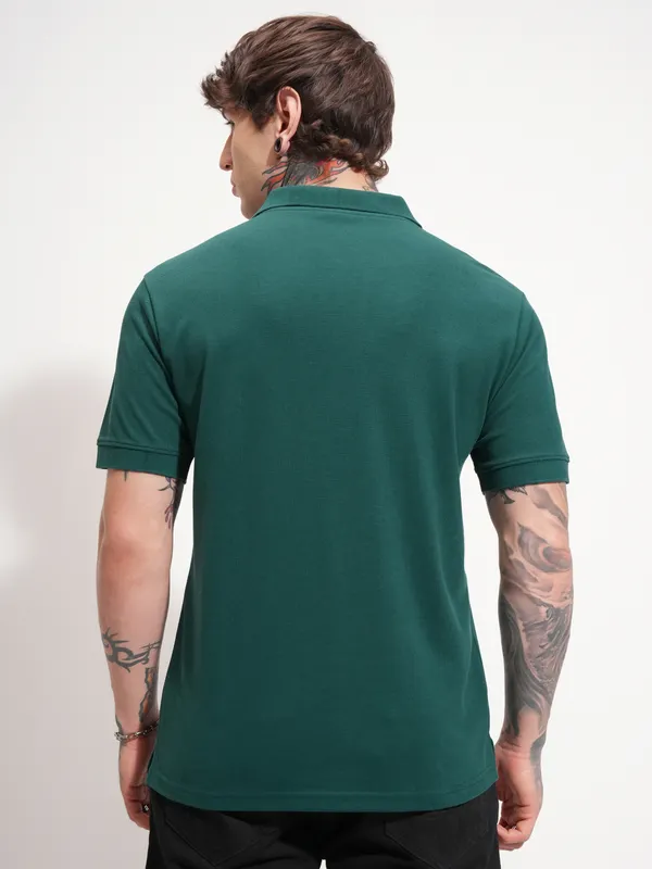 Highlander Men Teal Solid Polo Collar T-Shirt