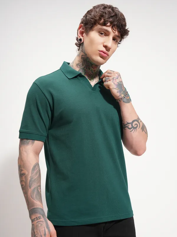 Highlander Men Teal Solid Polo Collar T-Shirt