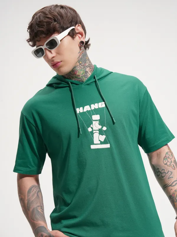 Highlander Men Green Printed Hood T-Shirt