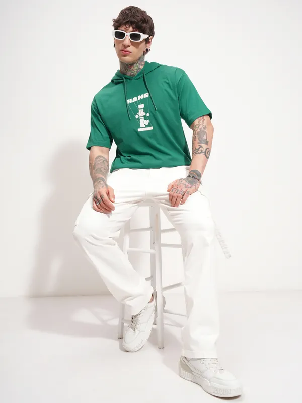 Highlander Men Green Printed Hood T-Shirt