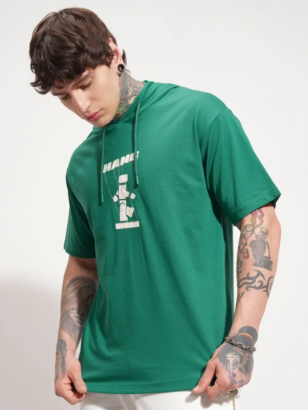 Highlander Men Green Printed Hood T-Shirt