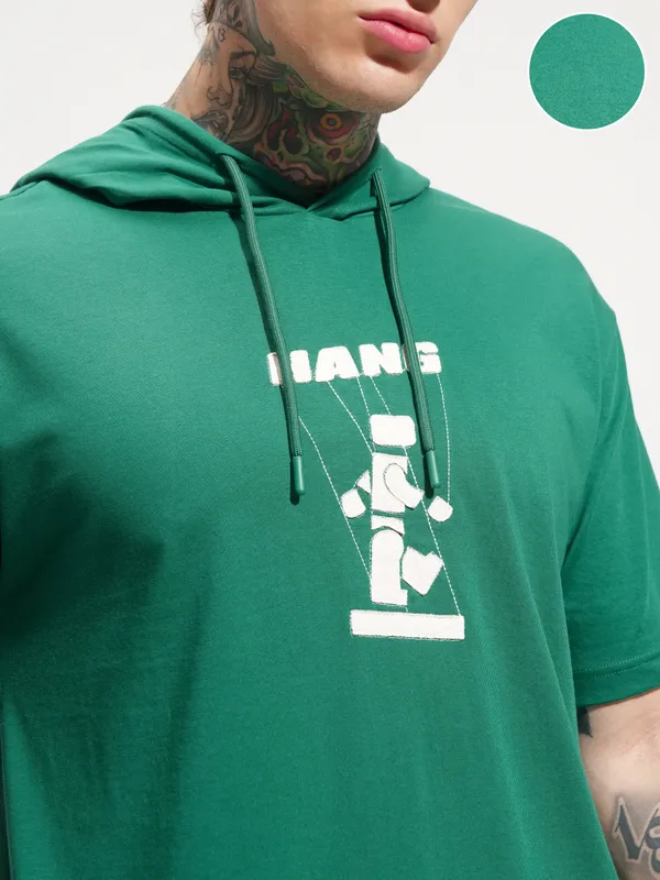 Highlander Men Green Printed Hood T-Shirt