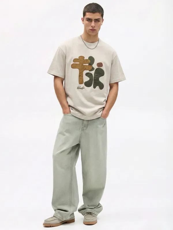 Highlander Men Beige Applique Round Neck T-Shirt