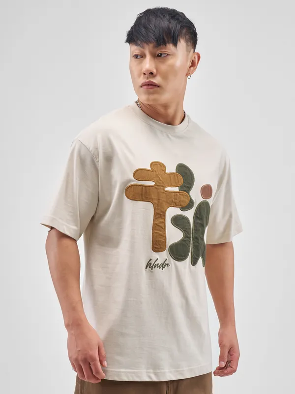 Highlander Men Beige Applique Round Neck T-Shirt