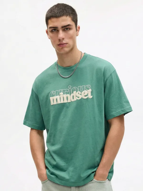 Highlander Men Turquoise Printed Round Neck Oversized Fit T-Shirt