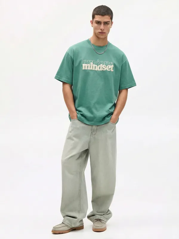 Highlander Men Turquoise Printed Round Neck Oversized Fit T-Shirt